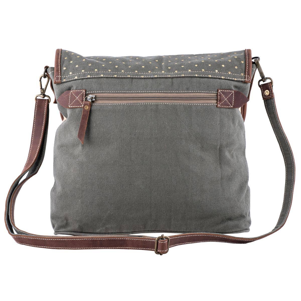 Canvas Leather "Gold Stars" Women Shoulder Bag - Sand/green