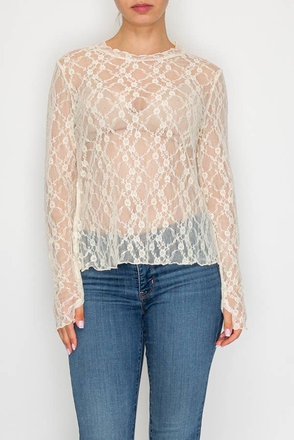 Sparkly Sheer Lace Long Sleeve Top - Beige