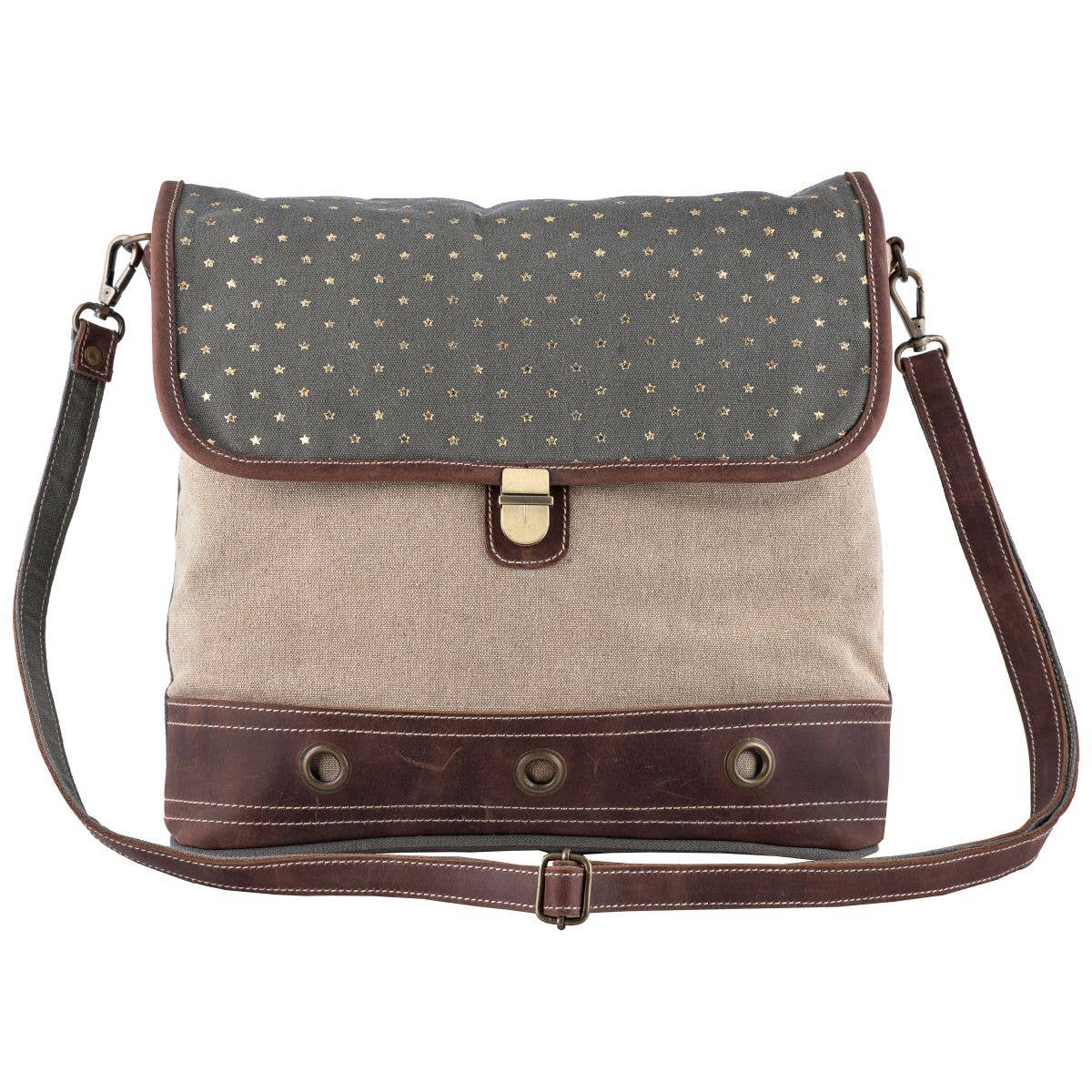 Canvas Leather "Gold Stars" Women Shoulder Bag - Sand/green