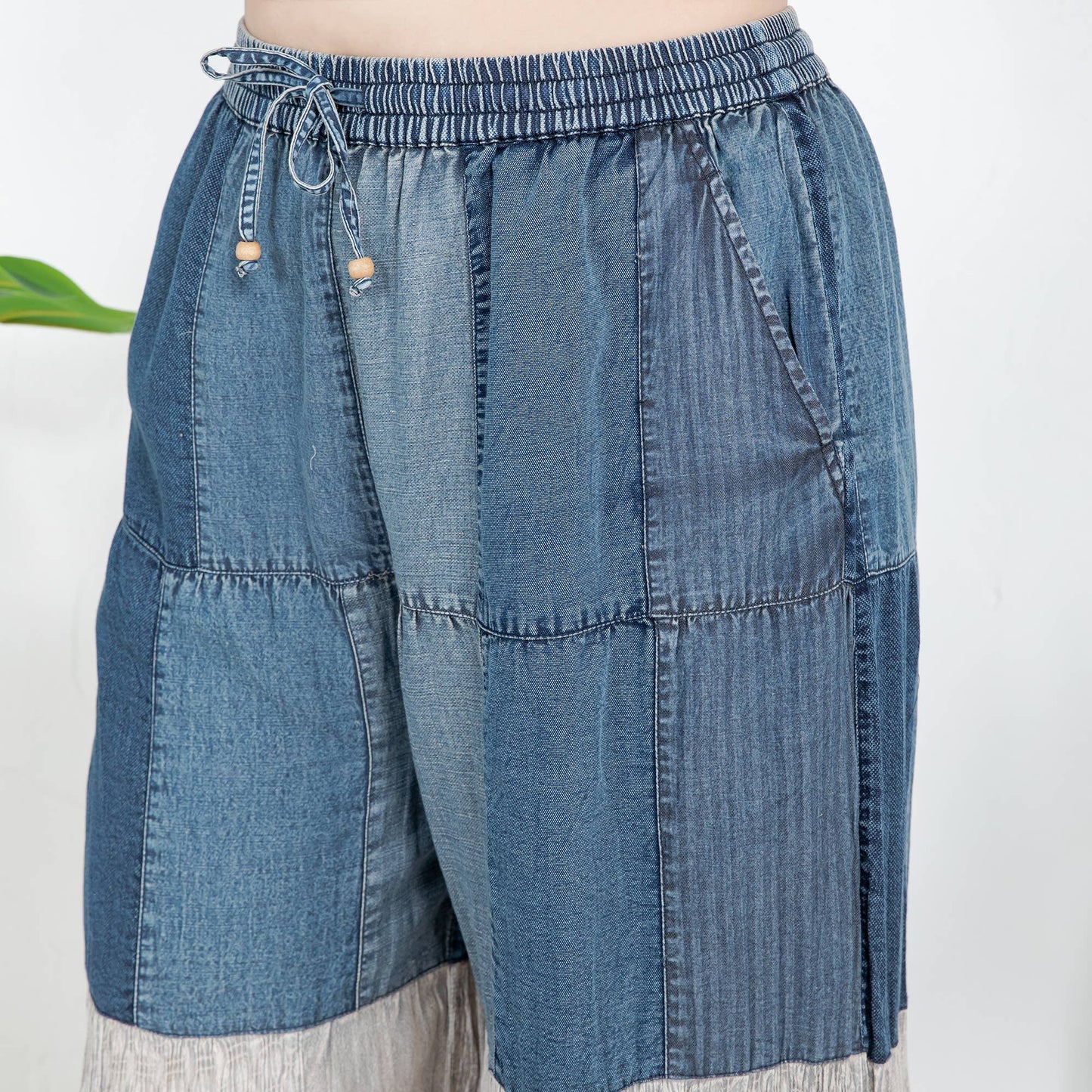 Boho-Inspired Long Denim Pants with Solid Patches