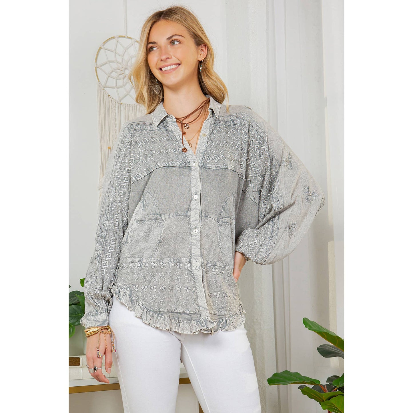 Bohemian Stonewashed Rayon Bat Sleeves Top With Shirt Collar