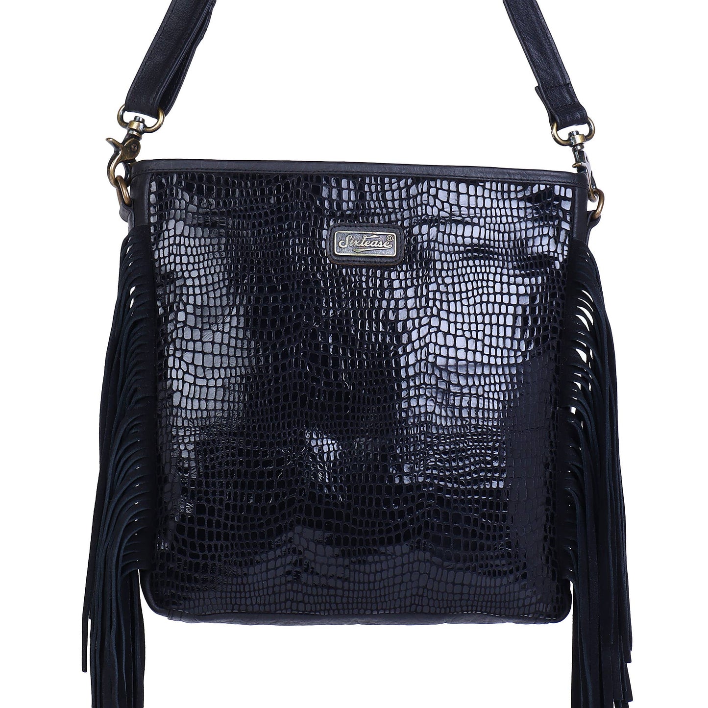 Leather  Fringed Women Crossbody - Silver Black Polka Dots