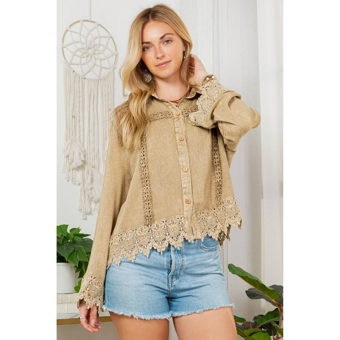 Lace-Inspired Trucker Jacket Top Lace Inserts, Soft Collar