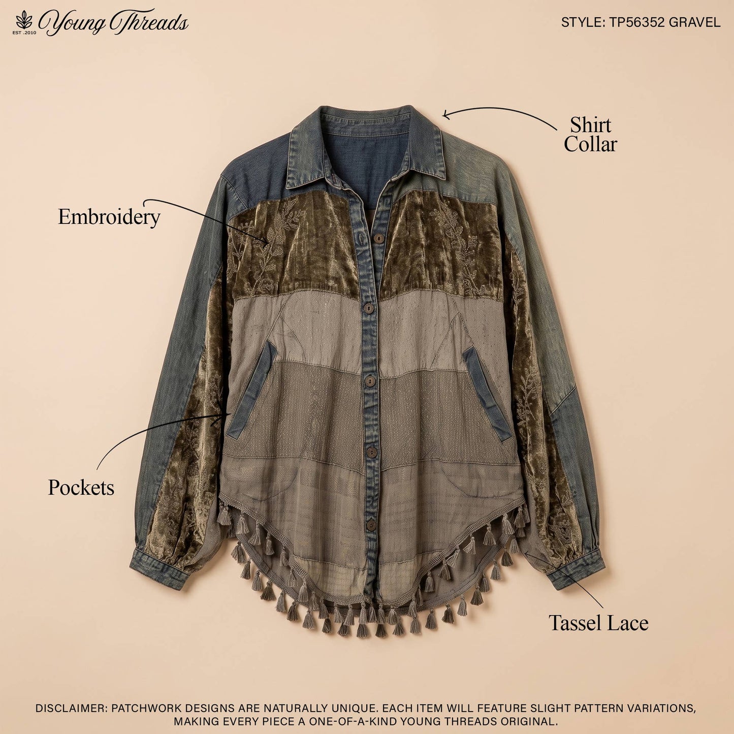 Boho Embroidered Velvet & Denim Shacket Top NEW