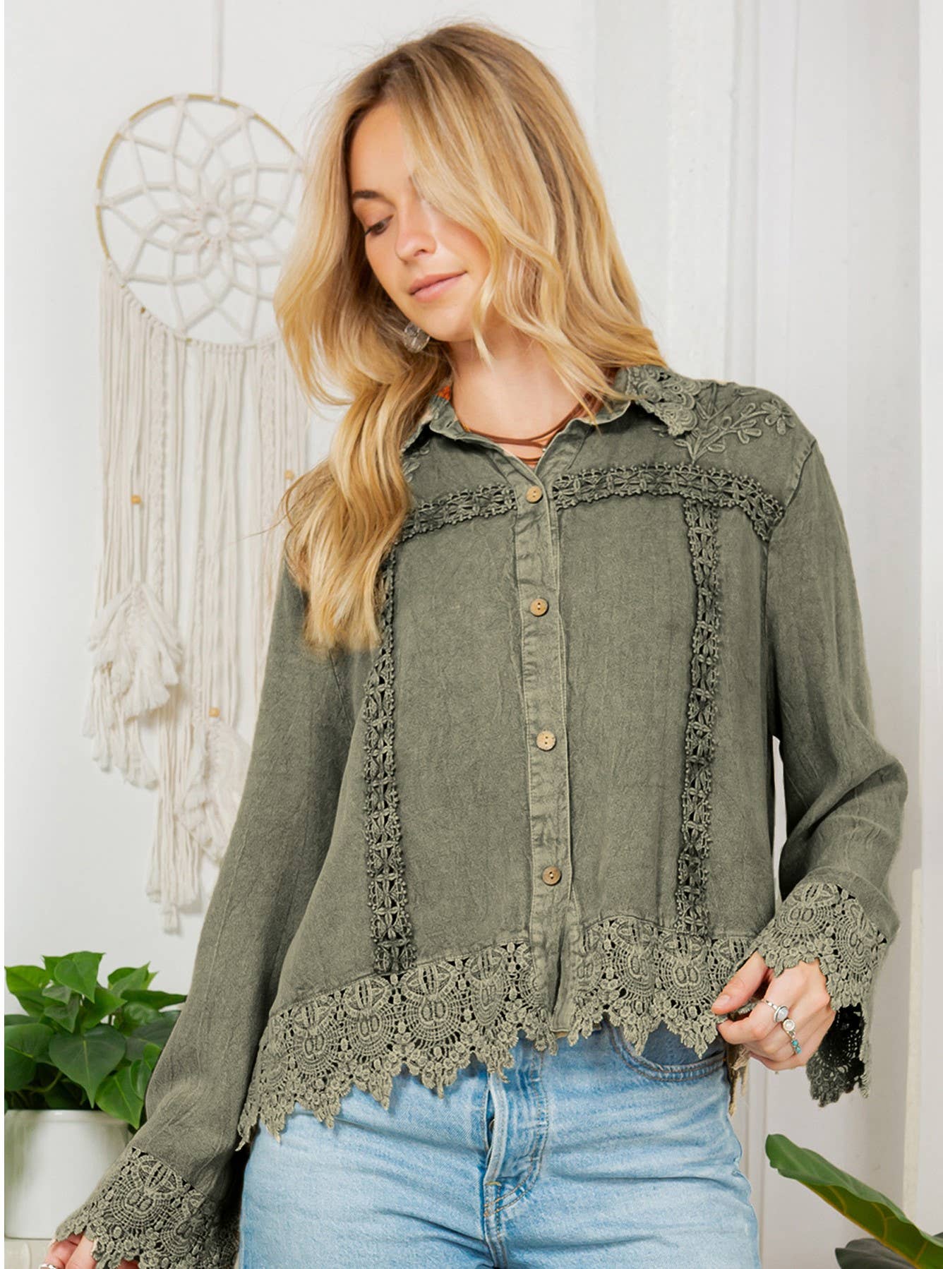 Lace-Inspired Trucker Jacket Top Lace Inserts, Soft Collar