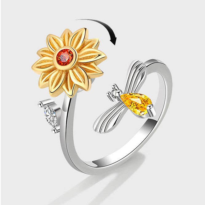 Sunflower Anxiety Fidget Spinner Ring in 925 Sterling Silver