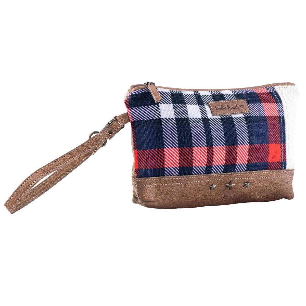 Canvas Leather Plaid Women's Wristlet/pouch - Navy/red