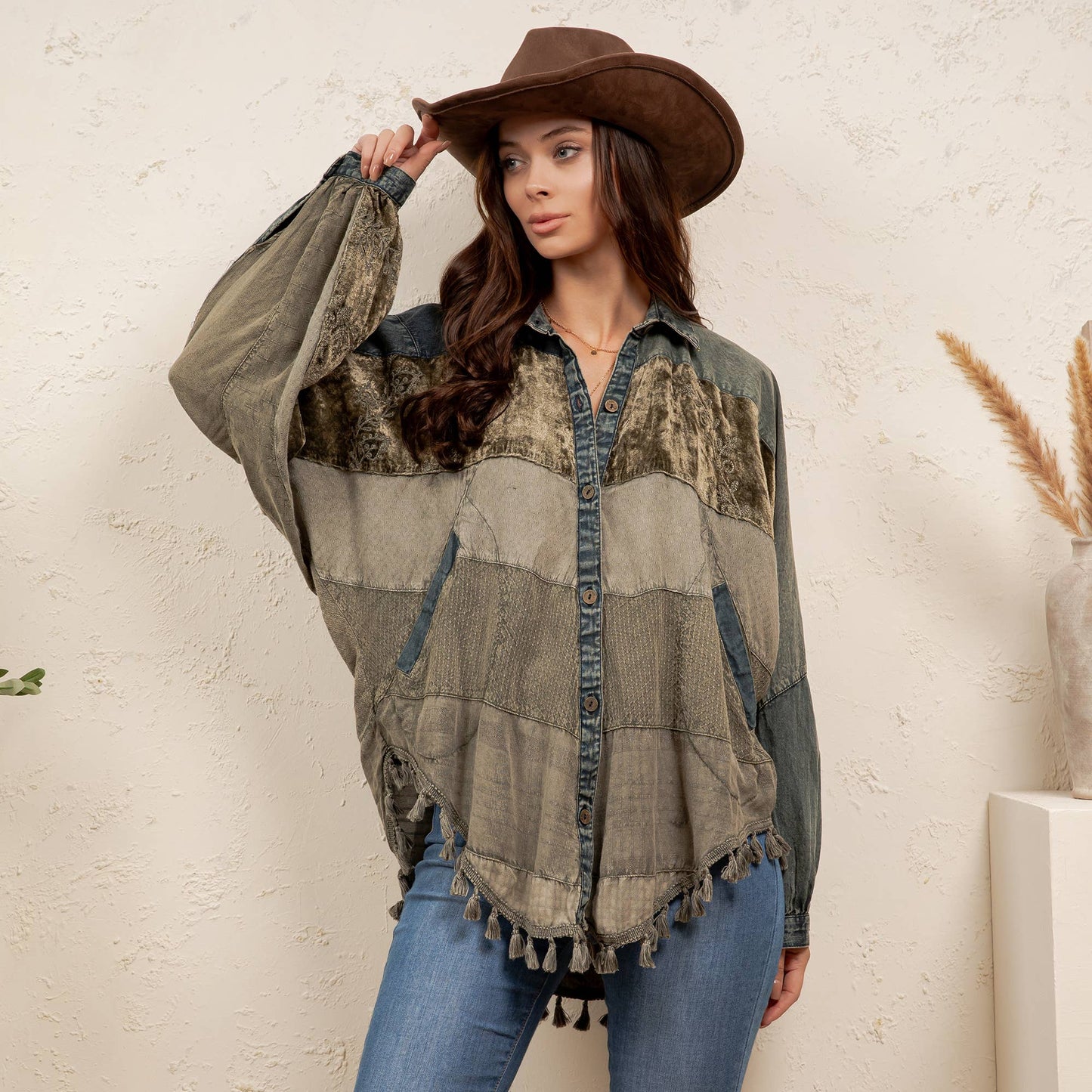 Boho Embroidered Velvet & Denim Shacket Top NEW