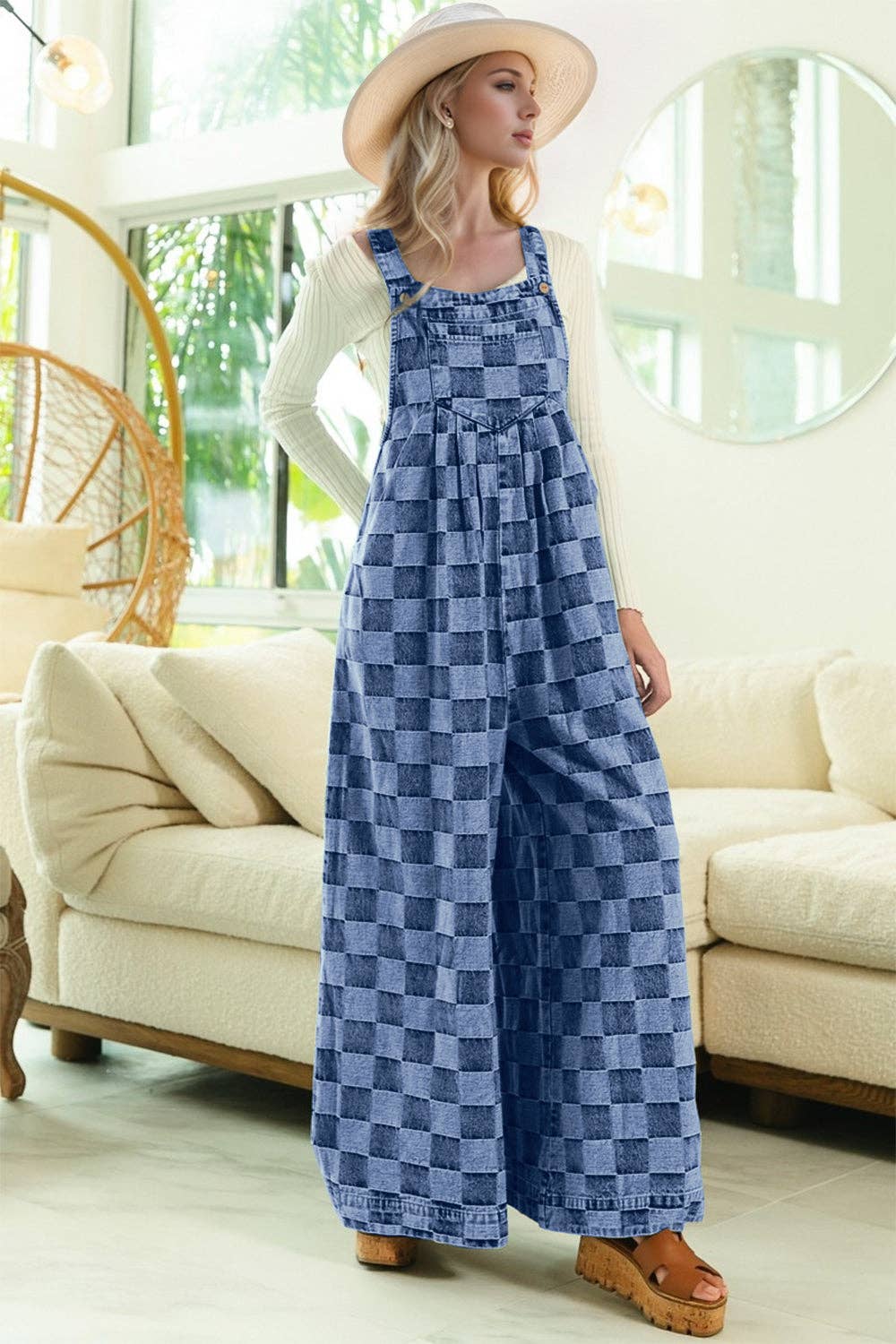 Double Take Checkered Sleeveless Wide Leg Denim Jumpsuit