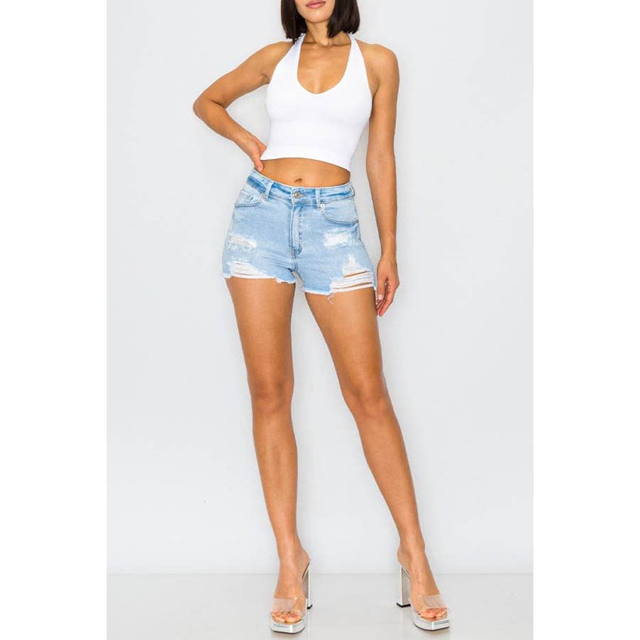 HIGH RISE DESTRUCTED DENIM SHORTS