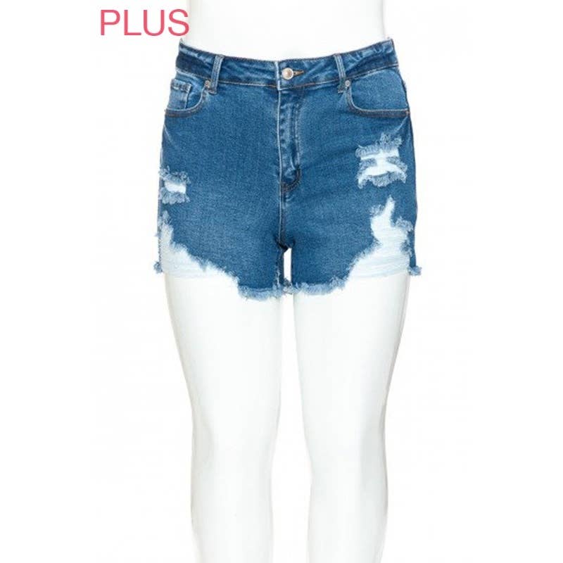 PLUS MID RISE DESTRUCTED DENIM SHORTS: DARK / 3XL