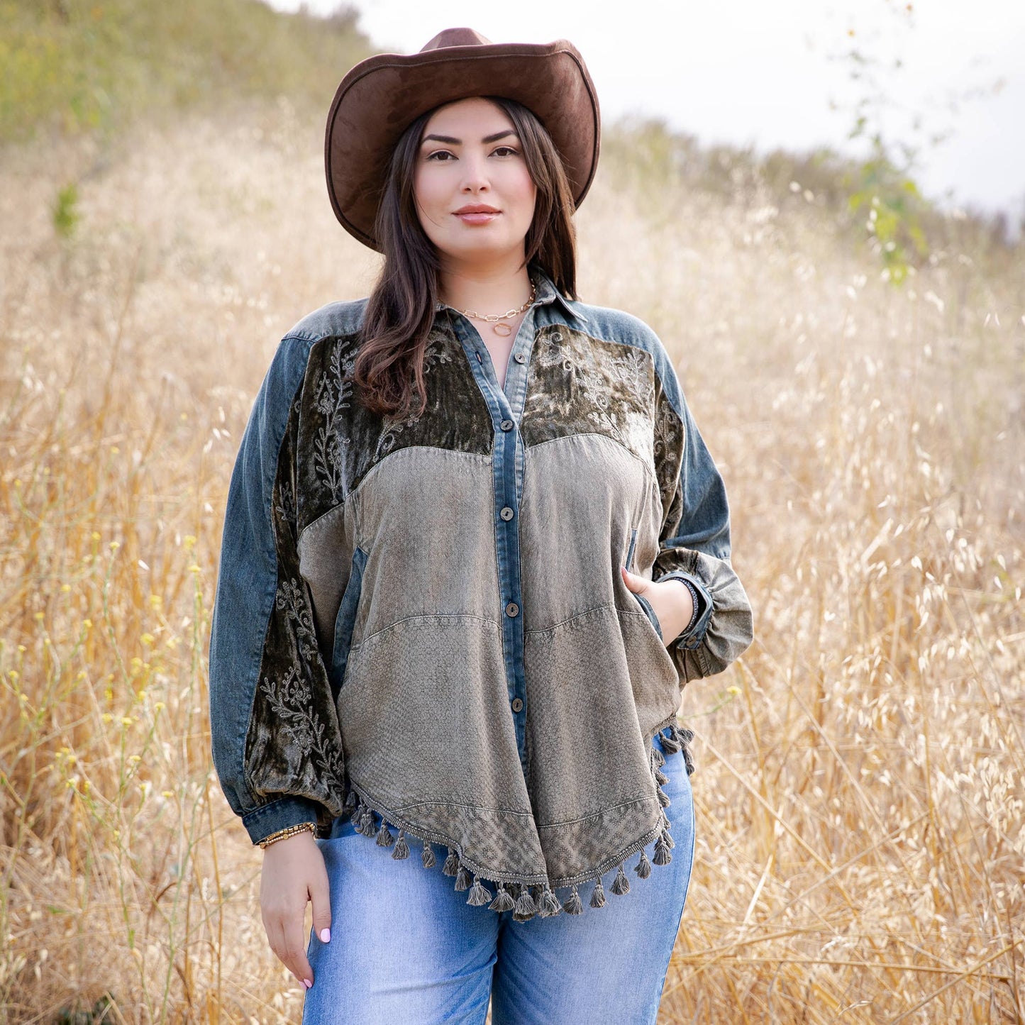 Boho Embroidered Velvet & Denim Shacket Top NEW