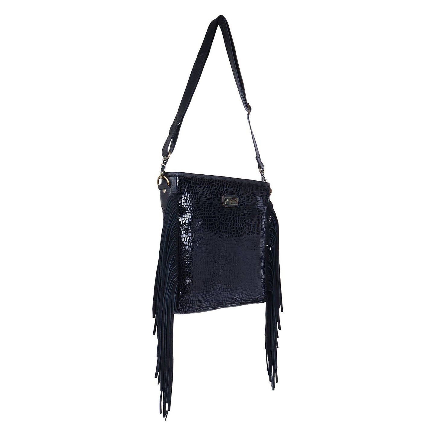 Leather  Fringed Women Crossbody - Silver Black Polka Dots