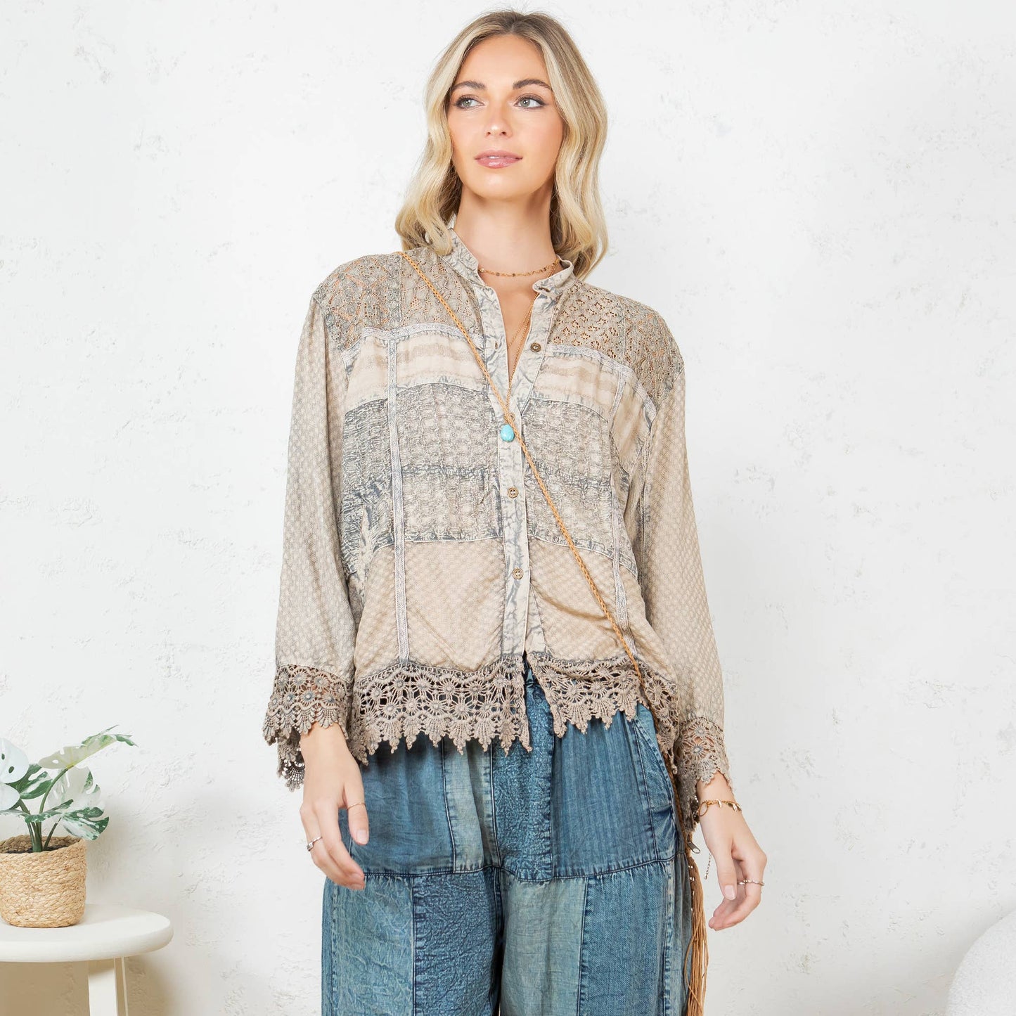 Chic Lace Patch Shacket with White Shell Buttons