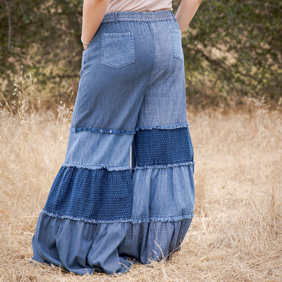 Boho Mixed-Denim Bell-Bottom Pant