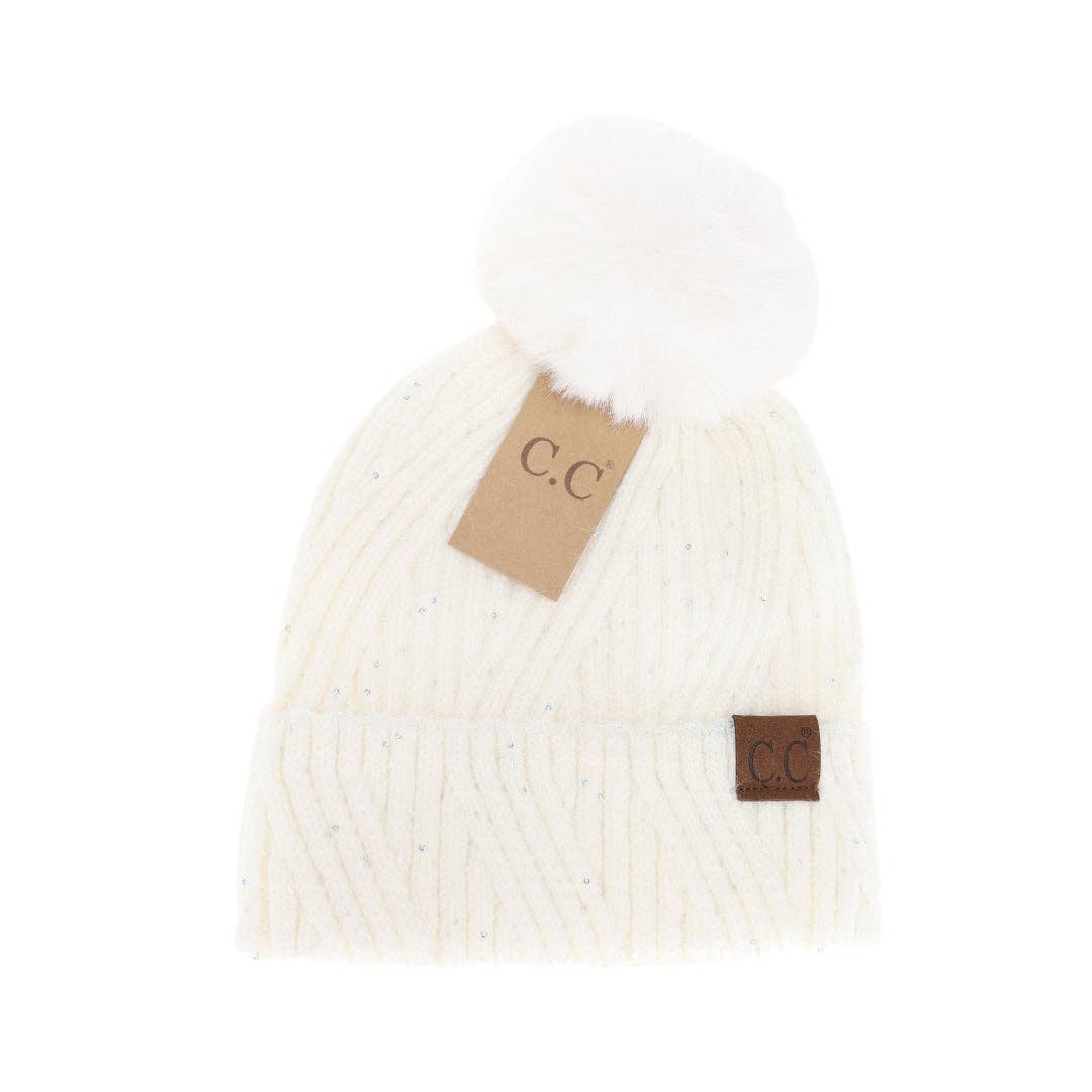 Sequin Faux Fur Pom C.C Beanie HTS0006