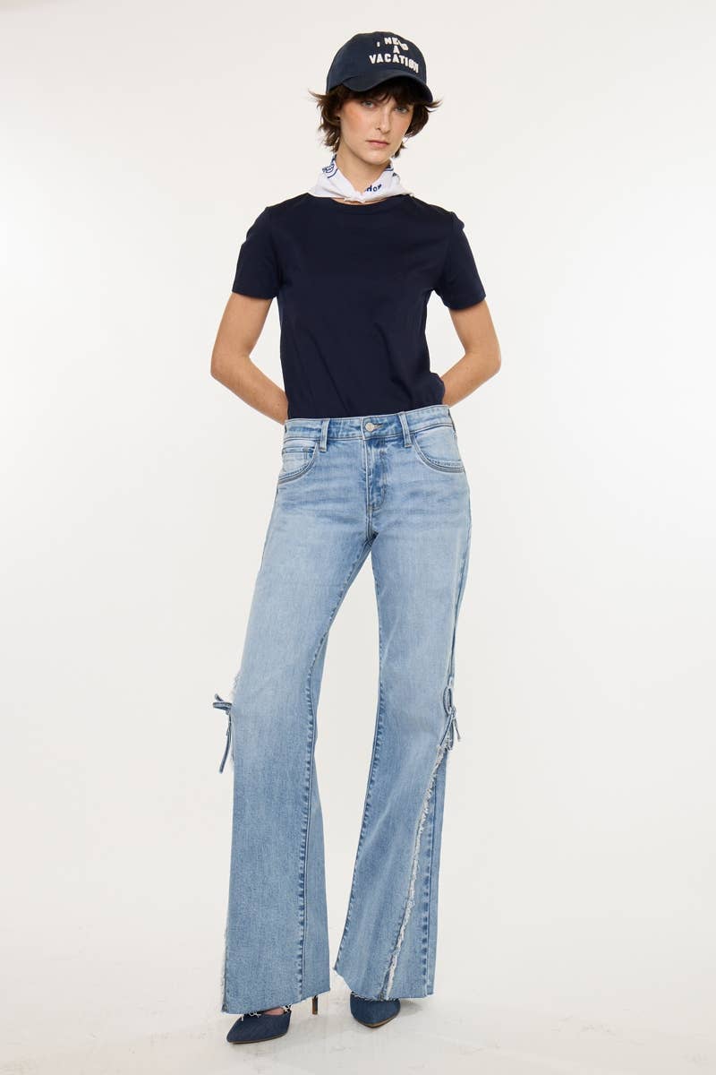 FRAYED AND TIED FLARE DENIM