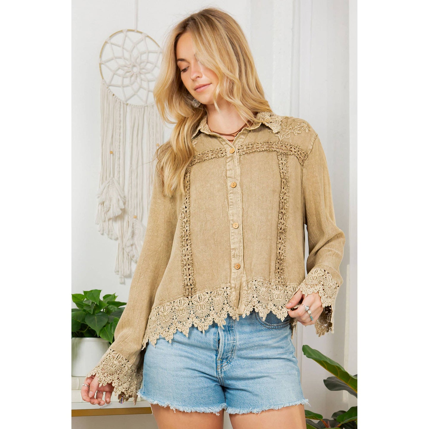 Lace-Inspired Trucker Jacket Top Lace Inserts, Soft Collar