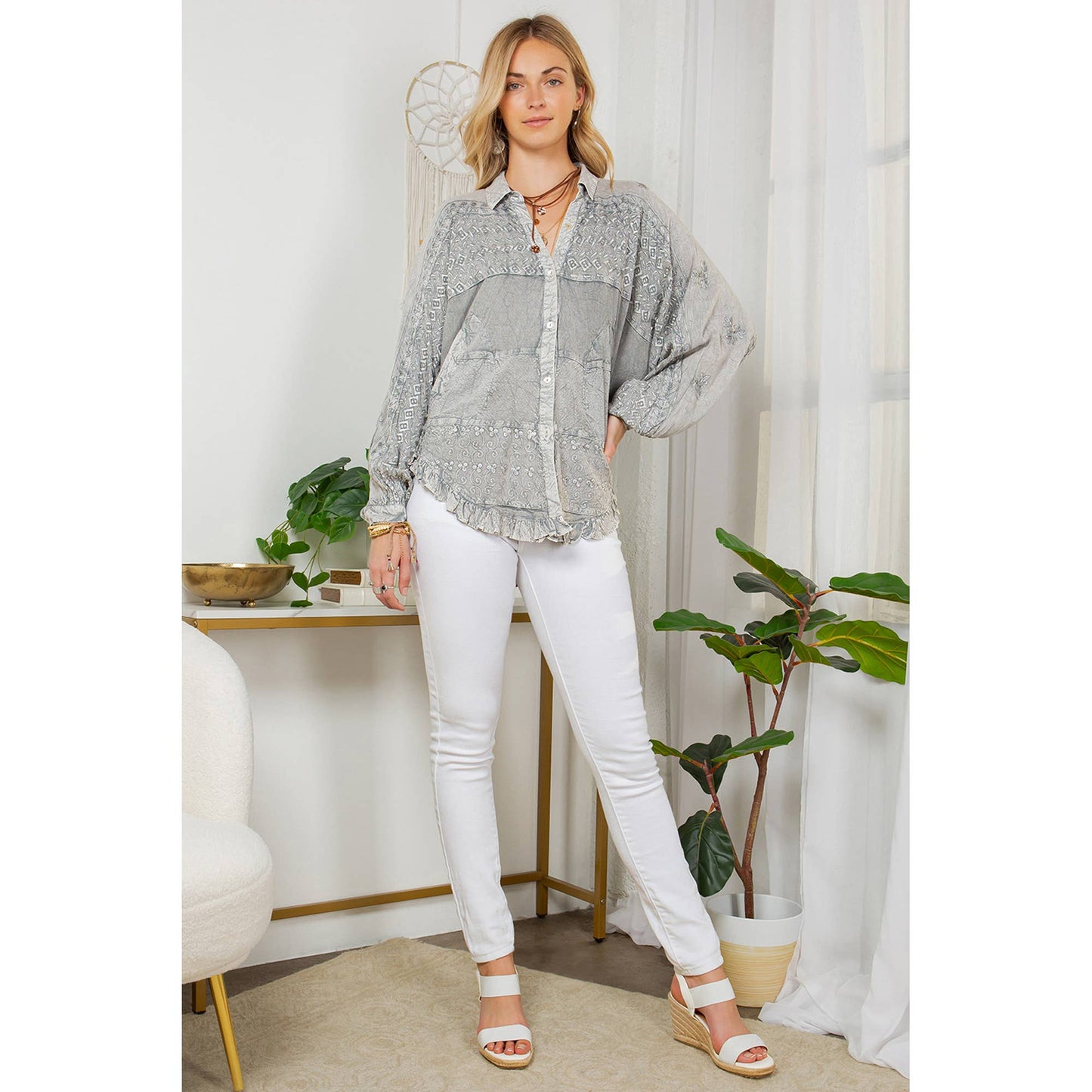 Bohemian Stonewashed Rayon Bat Sleeves Top With Shirt Collar